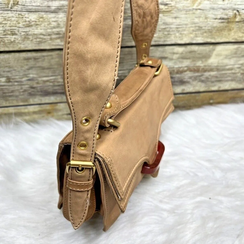 Uterque Natural Tan Brown Leather Front Buckle Small Satchel Purse Shoulder Bag - Picture 6 of 12